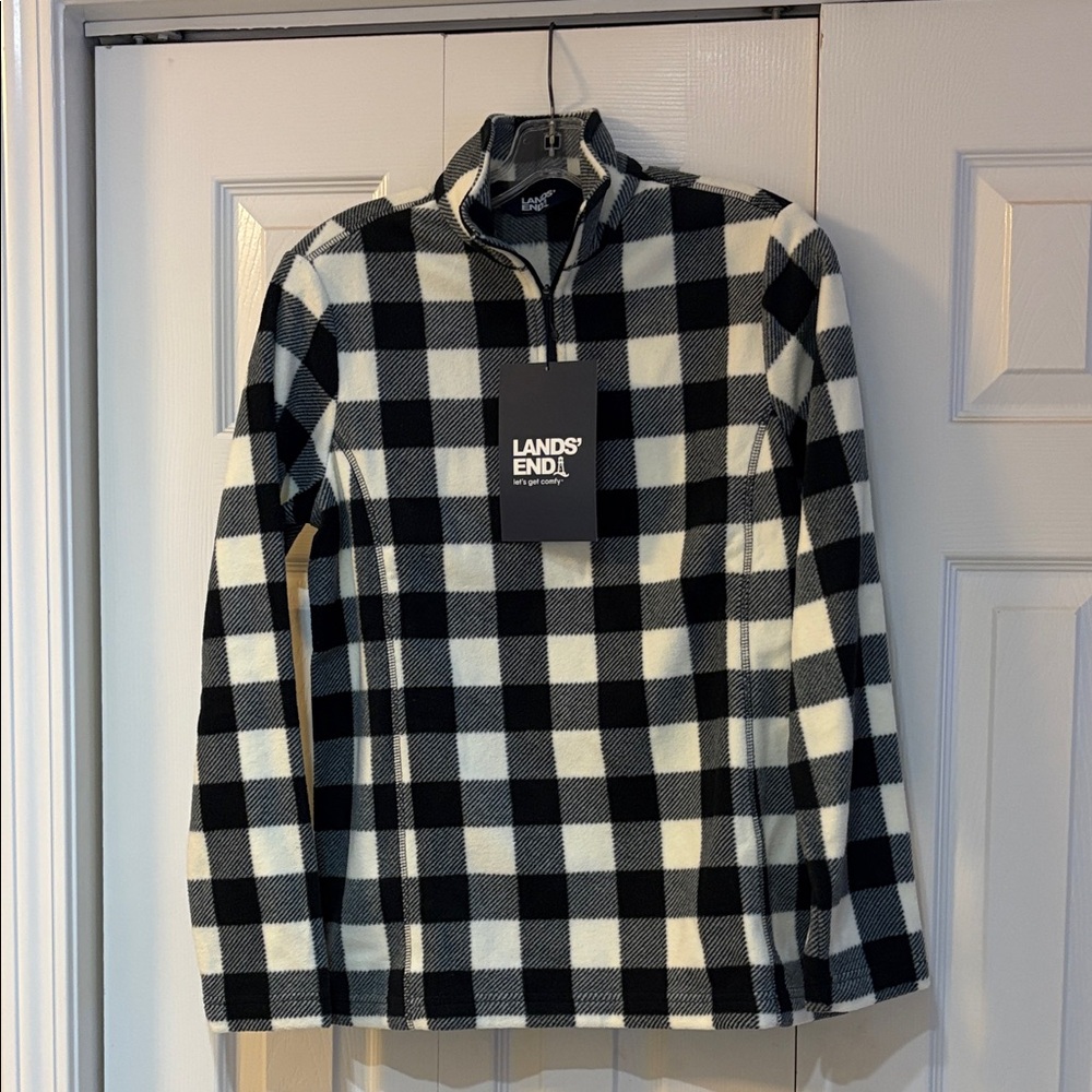Lands' End womens Checkered Black and White Zip-Up Sweater
